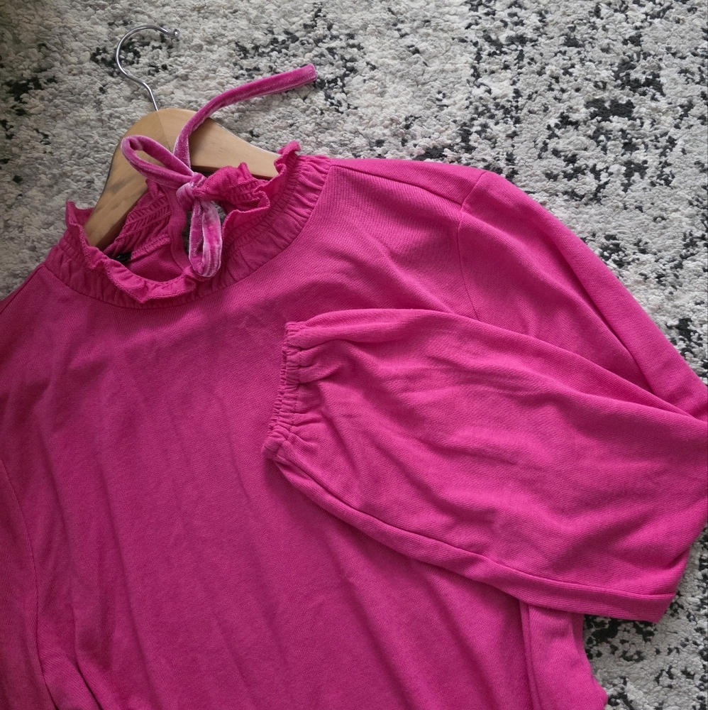 Talbots Petite Highneck Velvet Tie Back Longsleeve Womens Size XL P Pink Preppy